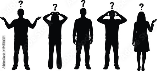 Black silhouette confused people vector illustration showing group of men and women with question marks, puzzlement, inquiry, and problem‑solving concept artwork