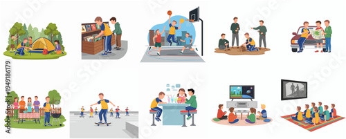 Flat Illustration Set of Diverse Group Activities with People and Backgrounds
