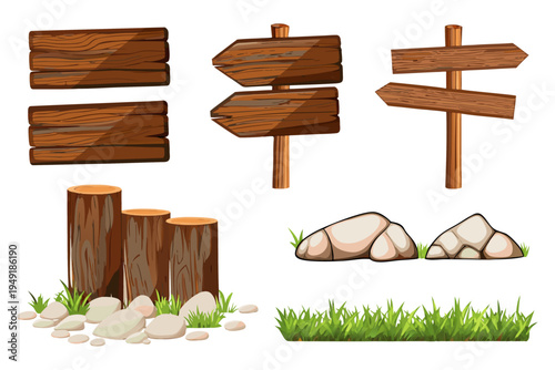 A collection of high-quality nature props including various wooden signboards, weathered logs, smooth stones, and patches of green grass