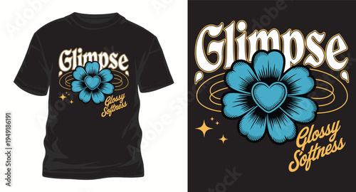 Glimpse glossy softness with blue flower and heart on black t-shirt, retro style vector graphic print