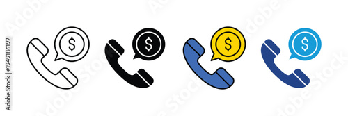 Phone receiver with dollar speech bubble icon set. Paid consultation, financial support hotline, and telebanking service symbols. Vector Illustration.