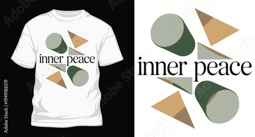 Inner peace text design with abstract 3d geometric shapes in earthy tones