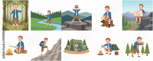 Simple Cartoon Boy Scout Activity Illustration Set with Outdoor Scene
