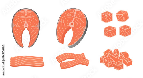 Fresh Salmon Cuts and Cubes, Flat Vector Illustration for Food Industry