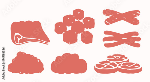 Flat Illustration of Raw Meat Cuts: Bacon, Ribs, Cubes, Ground