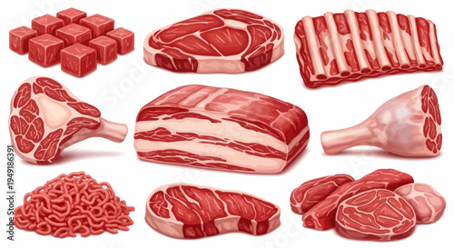 Assortment of Raw Meat Cuts: Ribs, Steak, Ground, Ham, Cubes, Vector Art