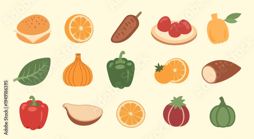 Flat Illustration Food Icons: Fruits, Vegetables, Burger, Onion, Yam