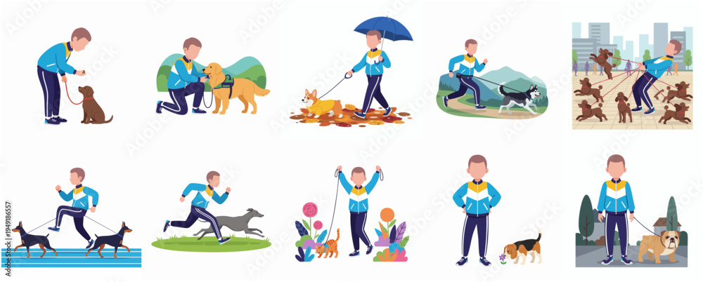 Fototapeta premium Simple Flat Style Character Man Doing Various Activity with Dog Set