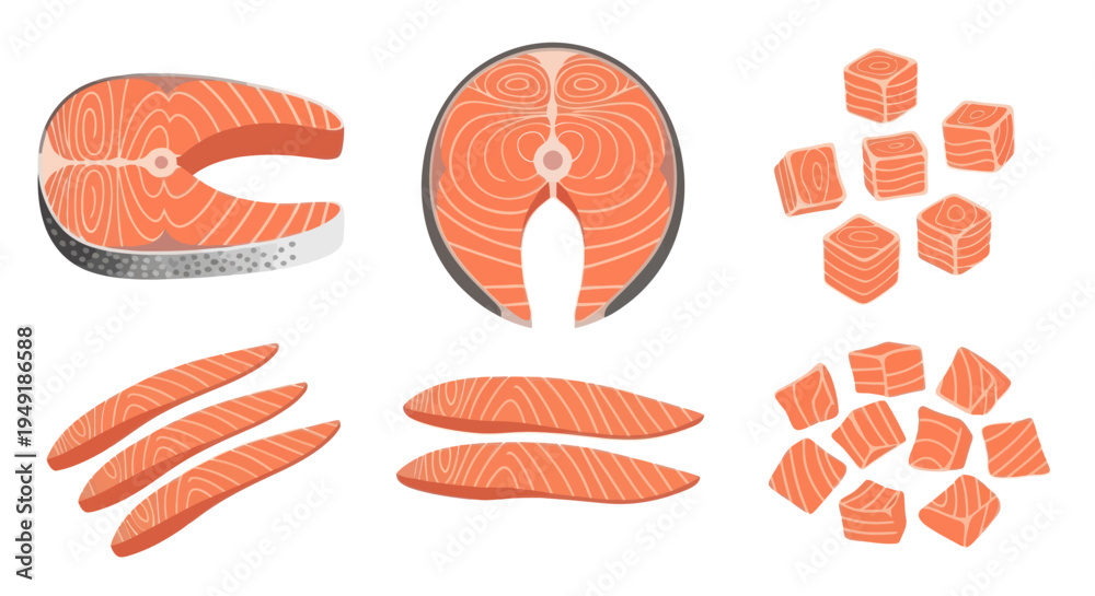 Fototapeta premium Fresh Salmon Fish Steak Slices and Cubes Flat Vector Illustration