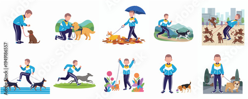 Simple Flat Style Character Man Doing Various Activity with Dog Set