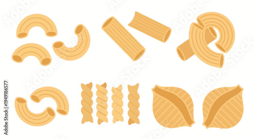 Flat Vector Illustration of Assorted Pasta Shapes on White Background