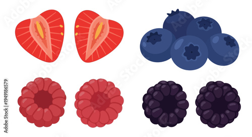 Flat Style Vector Icons of Fresh Berries - Strawberries, Blueberries, Raspberries, Blackberries