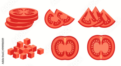 Sliced Tomatoes Isometric Vector Icons Set - Food Illustration