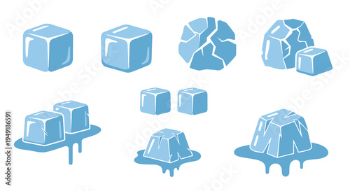 Collection of blue ice cubes melting and cracked, flat vector art