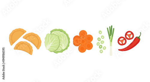 Flat Style Vector Illustration of Fresh Ingredients: Empanadas, Cabbage, Carrots, Scallions, Chili