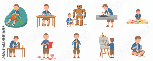 Flat Illustration Set Boy Doing Different Crafts and Hobbies Activity