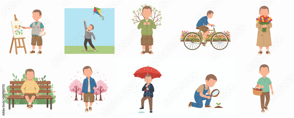 Fototapeta premium Cartoon Illustration Set with Children Enjoying Different Activities and Seasons