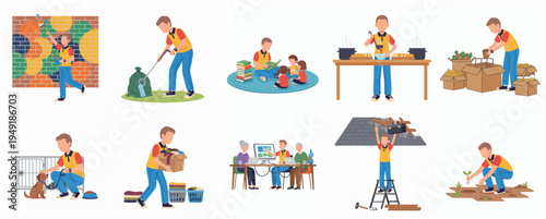 Flat Illustration Showing People Engaged in Various Volunteering Activities Graphic
