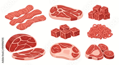 Flat Illustration of Various Raw Meat Cuts for Food Industry