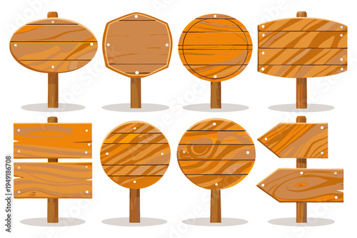 Collection of rustic wooden sign boards, round, rectangular and arrow shapes, wood texture with screws and planks, standing on posts, cartoon style vector pack