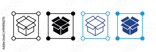 Cardboard box with dimension nodes icon set. Package size measurement, product volume, and logistics shipping scale symbols. Vector Illustration.