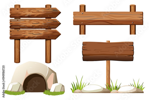 Collection of wooden sign boards and arrow signs, mounted on wooden posts with grass at the base, log and rock decorations, blank boards for text, cartoon style, detailed vector illustration