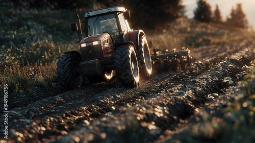 tractor working on farmland with brown soil, detailed machinery textures, agricultural scene in realistic photorealistic style