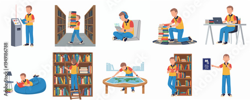 Flat Style Librarian Activity Illustration Set Working in Library