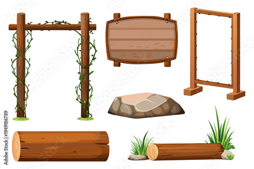 Cute wooden notice board collection, wood plank signs with posts, arrows, log base and decorative grass, one framed board with green vines, clean cartoon vector illustration