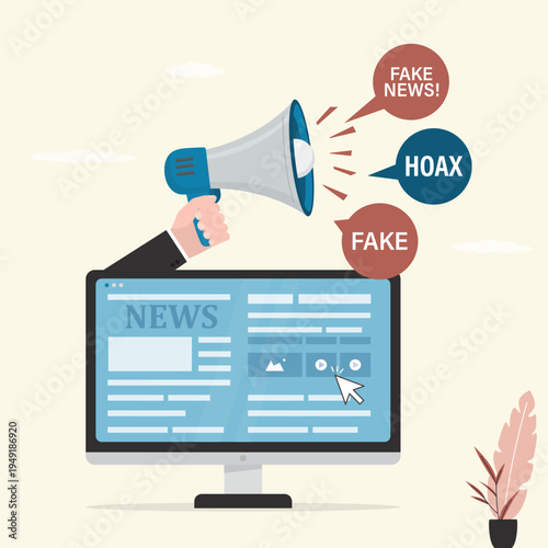 Influencer or blogger spreads fake information, shouts in megaphone. Fake news in social media or tv. News with disinformation, lies and propaganda