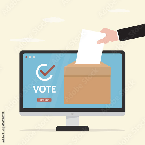 Online election. Technologies of online voting and election concept.  Remotely vote at election. Human hand put bulletin in ballot box. Monitor screen, confirm button.