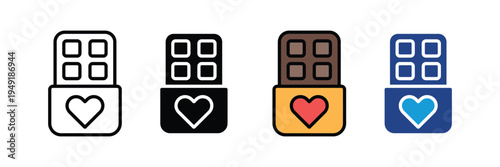 Chocolate bar with heart icon set. Sweet valentine gift, romantic dessert, and cocoa snack symbols. Vector Illustration.