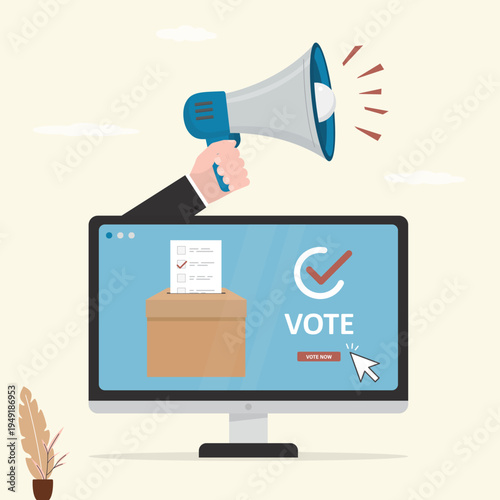 Politician hand holds megaphone over monitor displaying an online voting interface. Digital election campaigns and calling citizens to vote via the internet. flat vector illustration