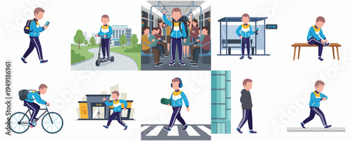 Flat Illustration of Man Activities in City Life and Transportation