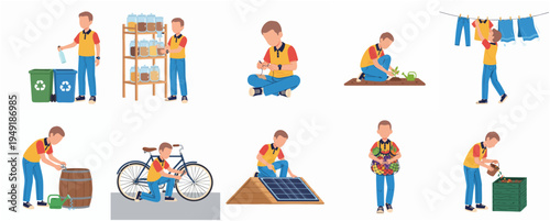 Flat Design Man Character Doing Different Sustainable Activities Illustration Set