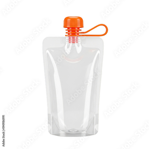 Clear plastic pouch with orange cap and drawstring for liquid storage