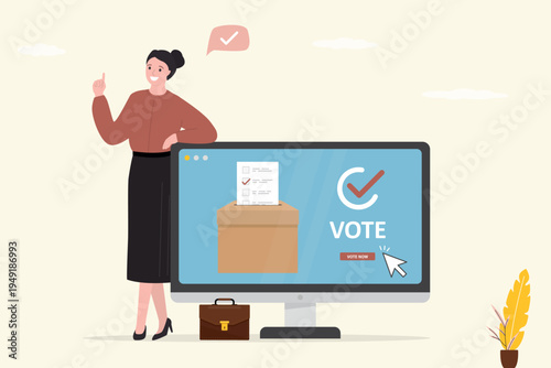 Smart woman stands next to large monitor showing an online voting interface with ballot box. Technology of online elections. Digital democracy and participating in elections via internet. flat vector
