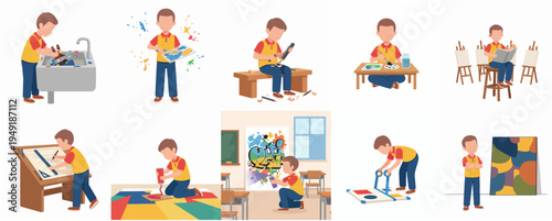 Flat Style Illustration of Little Boy Doing Creative Art Activities Collection