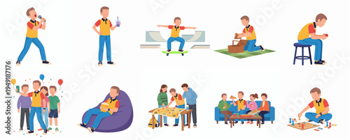 Flat Illustration of Young People Doing Various Activities and Enjoying Hobbies