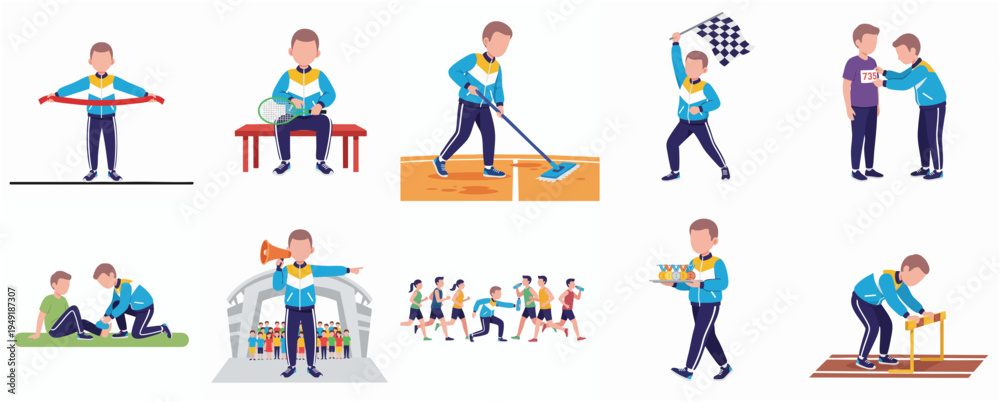 Fototapeta premium Flat Design Sport Event Staff and Athlete Activity Illustration Set