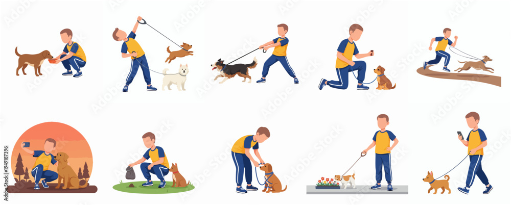 Fototapeta premium Flat Illustration Set of Daily Activities with Adorable Dog Character