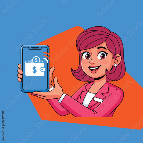 Cartoon woman showing a smartphone with a digital wallet