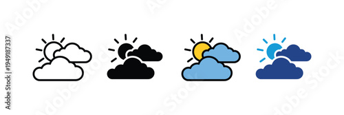 Sun behind clouds weather icon set. Partly cloudy sky, meteorology forecast, and sunny day symbols. Vector Illustration.