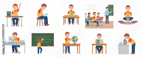 Flat Style Studying Boy in Classroom Various Activities Illustration Set