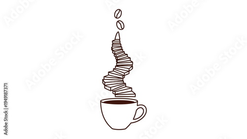 Aromatic Coffee Essence: An artistic, minimalist representation of a cup of coffee with steam rising upwards, crowned by cascading coffee beans, illustrating the essence of freshness and taste.
