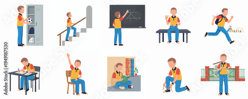Detailed Flat Illustration Set of Student Daily Activities Inside and Outside School