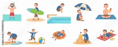 Cartoon Summer Holiday Activity Set with Boy in Various Poses Illustration