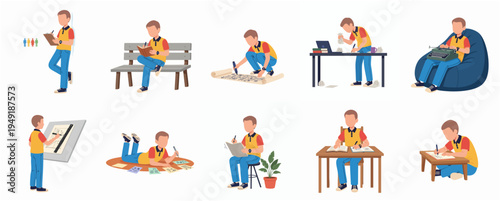 Flat Illustration Set of Creative Man in Different Poses and Activity