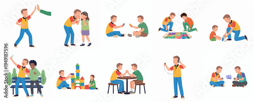 Flat Style Diverse Childhood Activities With Friends And Family Illustration