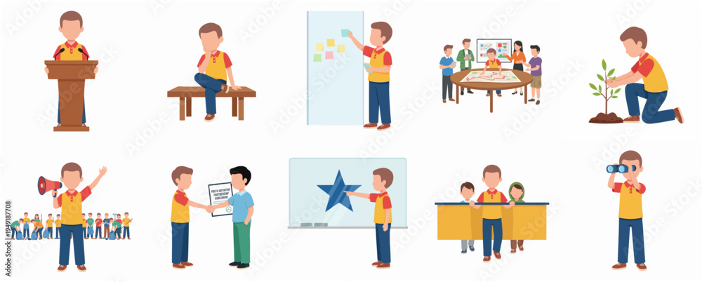 Fototapeta premium Flat Design Man Doing Various Activities Illustration Set in Cartoon Style